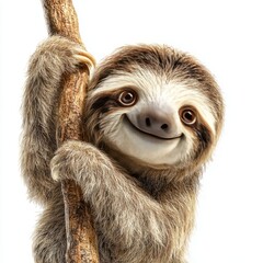 Fototapeta premium Cute Sloth Clinging to Tree Branch Smiling Friendly and Playful in Bright Natural Light