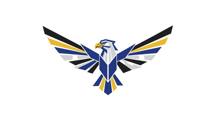 Geometric Eagle Logo Design with Spread Wings in Blue Yellow and White.