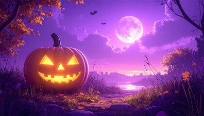 Fototapeta premium Cozy Halloween pumpkin in the moonlight. Spooky landscape with glowing pumpkins. Moonlit pumpkin patch with eerie vibe. Halloween pumpkins with magical light. Vibrant pumpkin in eerie landscape