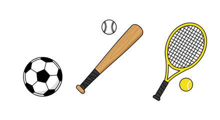 "Flat Vector Sports Equipment Set: Soccer Ball, Baseball Bat, Tennis Racket, and More"
