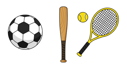 "Flat Vector Sports Equipment Set: Soccer Ball, Baseball Bat, Tennis Racket, and More"