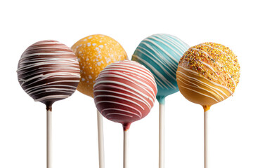 Close-up of five colorful cake pops.  Each pop is a sphere coated in a different color frosting, with decorative swirls or sprinkles.  Pops are on light-colored sticks