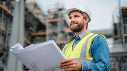 A confident construction worker reviews blueprints on a job site, showcasing dedication to his project and teamwork.