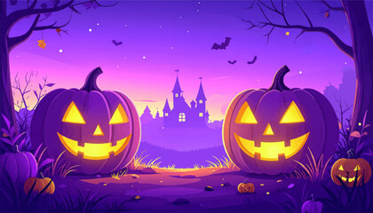 Fototapeta premium Halloween pumpkins and haunted castle. Pumpkins glowing in haunted landscape. Halloween pumpkins under purple sky. Moonlit pumpkins in a spooky setting. Dark Halloween forest with glowing pumpkins