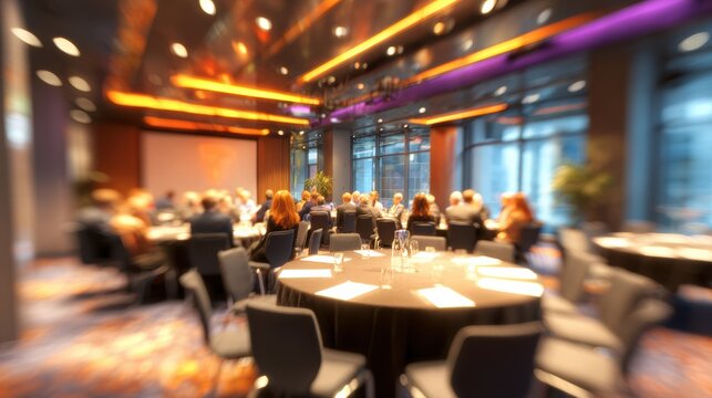 A corporate meeting space with round tables and attentive audience engaged in discussions and presentations.