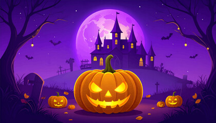 Fototapeta premium Spooky pumpkins and bats flying. Halloween pumpkin surrounded by trees. Spooky night with haunted house and pumpkins. Full moon, pumpkins, and creepy atmosphere. Eerie Halloween scene with pumpkins