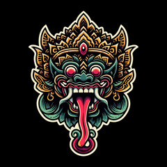 Intricate Balinese demon mask illustration with vibrant colors and details.