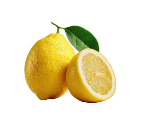 Two whole lemons and a lemon half, vibrant yellow, with green leaves