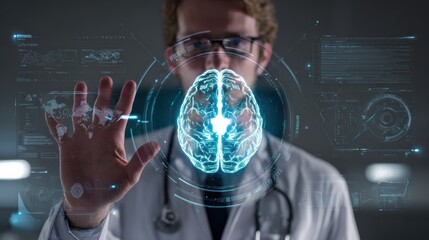 A doctor using advanced technology to visualize brain scans and study neurological data interactively.