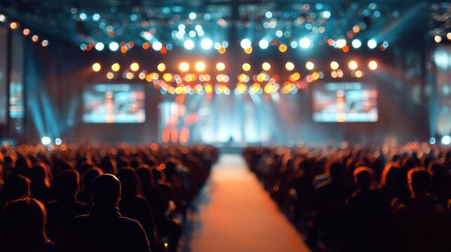 A dynamic audience engaged at a large conference with bright stage lights showcasing a presenter.