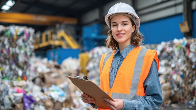 A female worker in safety gear observes recycling operations in a facility, promoting environmental sustainability.