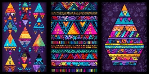 Vibrant, colorful tribal patterns in a graphic design showcasing repeating geometric shapes and intricate details, creating a bold and dynamic visual representation.