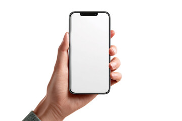 Hand holding a black smartphone with a blank white screen