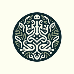 Intricate circular design featuring symmetrical patterns and floral elements.