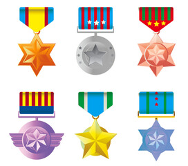 Medal set &ndash; gold, silver, and bronze awards with ribbons (vector illustration)