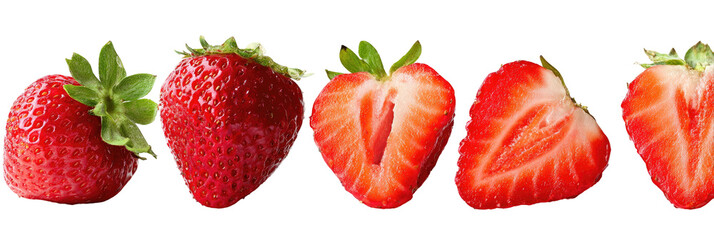 Fresh strawberries, whole and halved, arranged horizontally