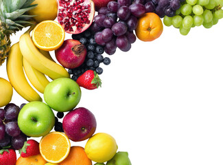 Vibrant fruit arrangement.  A variety of fresh fruits, including pineapples, bananas, oranges, apples, grapes, pomegranates, and more, form a colorful border around a dark space