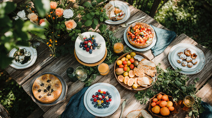 Garden brunch table with fresh fruits, cakes, and floral decor
