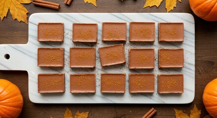 Delicious Pumpkin Flavored Dessert Pieces Arranged on a Rustic Wooden Table with Autumn Decor