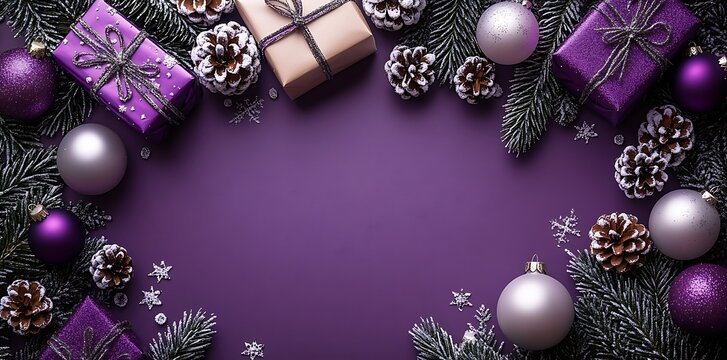 Purple Christmas gifts pine cones and ornaments on purple background gift boxes