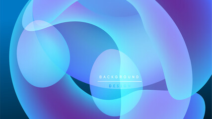 Abstract fluid shapes overlap, creating vibrant blue, purple glow. Dark background emphasizes luminous design elements.