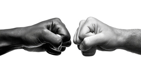 Two fists, one black and one white, meet in the center.  A grayscale image