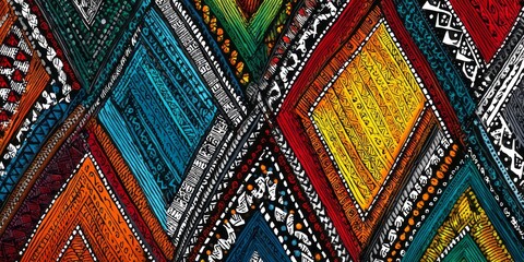 Vibrant patchwork design featuring intricate patterns and a kaleidoscope of colors in a diamond-shaped motif.