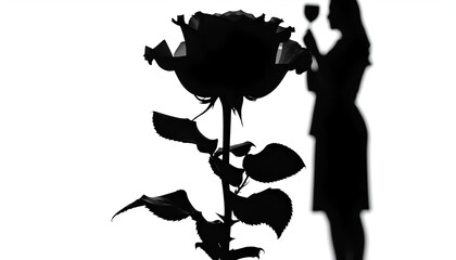 Striking black silhouette of a prominent rose and a refined woman enjoying a drink, isolated on a clean white background, conveying timeless elegance and sophisticated allure
