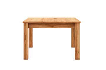 Simple, light brown wooden table, square top, four legs