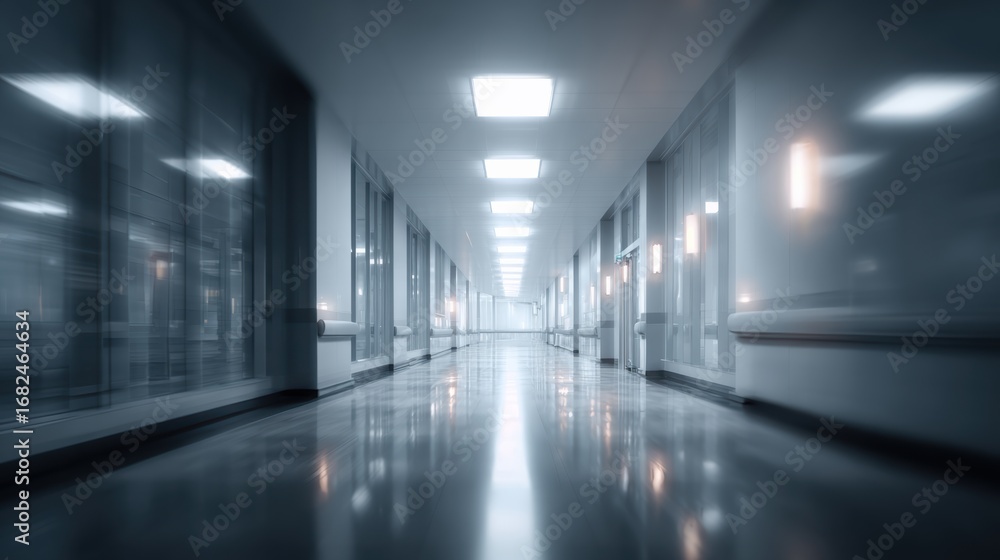 Aufkleber a modern corridor with glossy floors and illuminated ceiling lights creating an atmospheric perspect