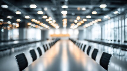 A modern conference room with a long table and sleek chairs, designed for meetings and collaborative work.