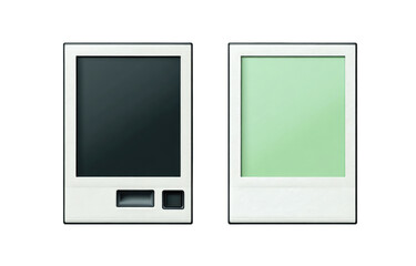 Two rectangular devices, one with a dark screen, the other a light mint-green, blank photo frame.  Both have a metallic, white border