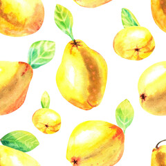 Watercolor seamless handmade pattern of quince with leaves and branches. The design can be used in textiles, packaging, greeting cards, cosmetics.