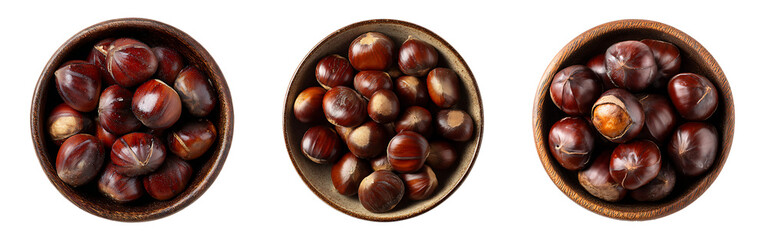 Obraz premium Three ceramic bowls filled with ripe delicious tonkin chestnuts in a studio setting isolated on a white or transparent background
