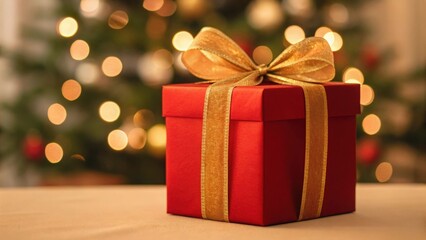 Red and gold ribbon-wrapped gift box — luxurious holiday celebration