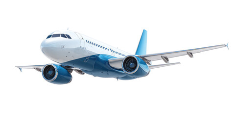 Modern jet airplane in flight, light blue and white