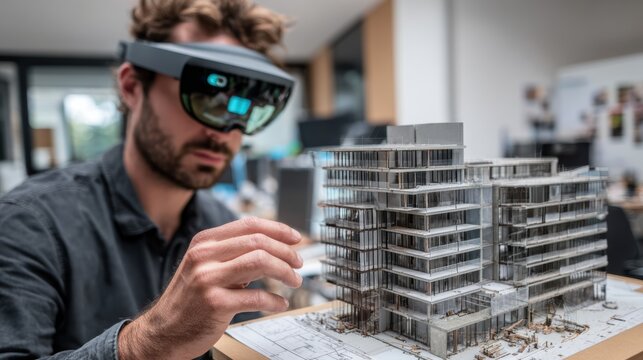 A professional using augmented reality glasses to design a scale model of a modern building in an office setting.