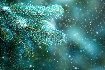 Close up of pine tree branches covered in snow with falling snowflakes in background, peaceful festive winter holiday atmosphere