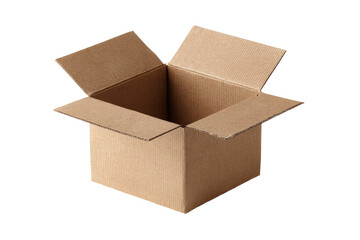 Opened cardboard box, light beige color, square shape, empty interior