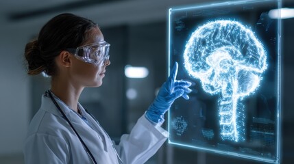A scientist analyzing a holographic brain model in a modern laboratory setting, showcasing technological advancements.