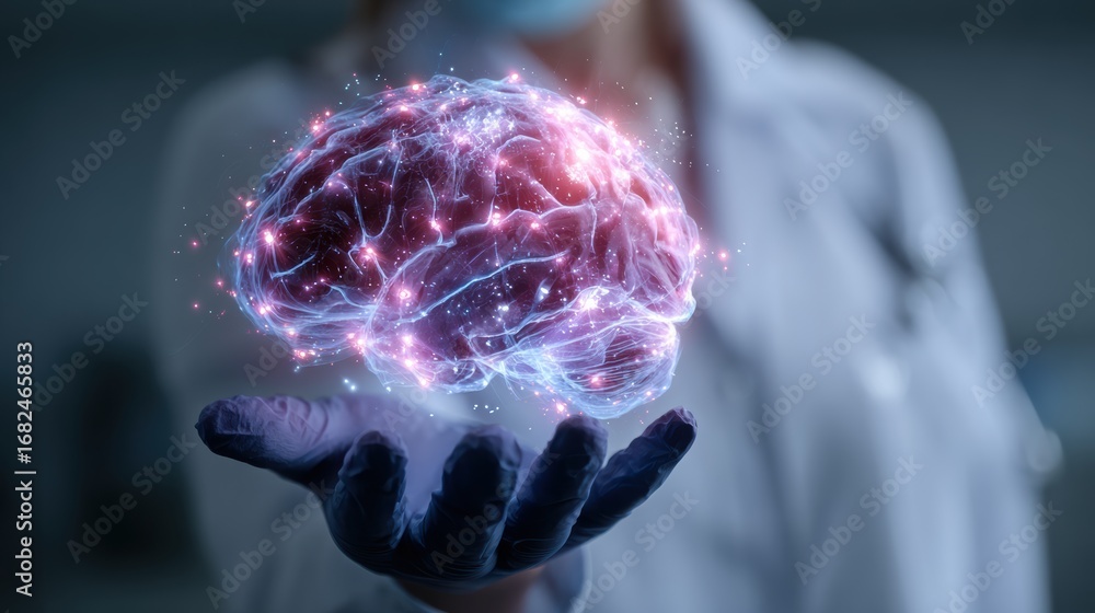Poster a scientist holding an illuminated brain model representing neural connections and cognitive process