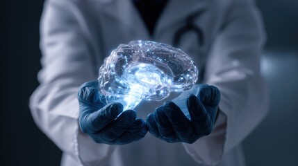 A scientist holds a glowing, transparent model of a human brain, symbolizing advanced neuroscience and technology.