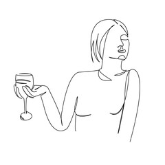 One continuous single drawing line art doodle wine, girl, beautiful, alcohol, female, celebration, fashion. Isolated flat illustration hand draw contour on a white background
