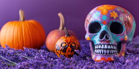 Colorful sugar skull and pumpkins on lavender flowers for day of the dead celebration