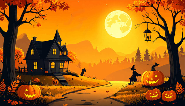 Scary Halloween night with bats. Spooky pumpkin patch with bats. Full moon and Halloween scenery. Halloween pumpkins and haunted house. Creepy Halloween path with pumpkins