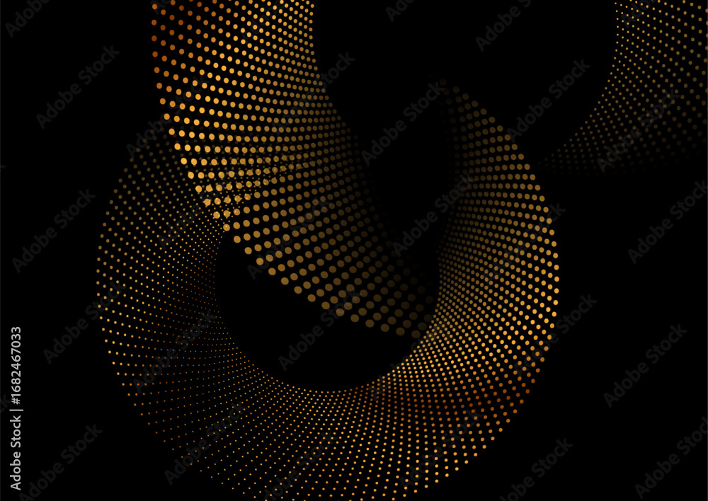 Poster shiny golden halftones dotted particles abstract sparkling circles background. geometric retro vecto