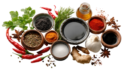 Assorted spices and herbs arranged in small bowls and containers