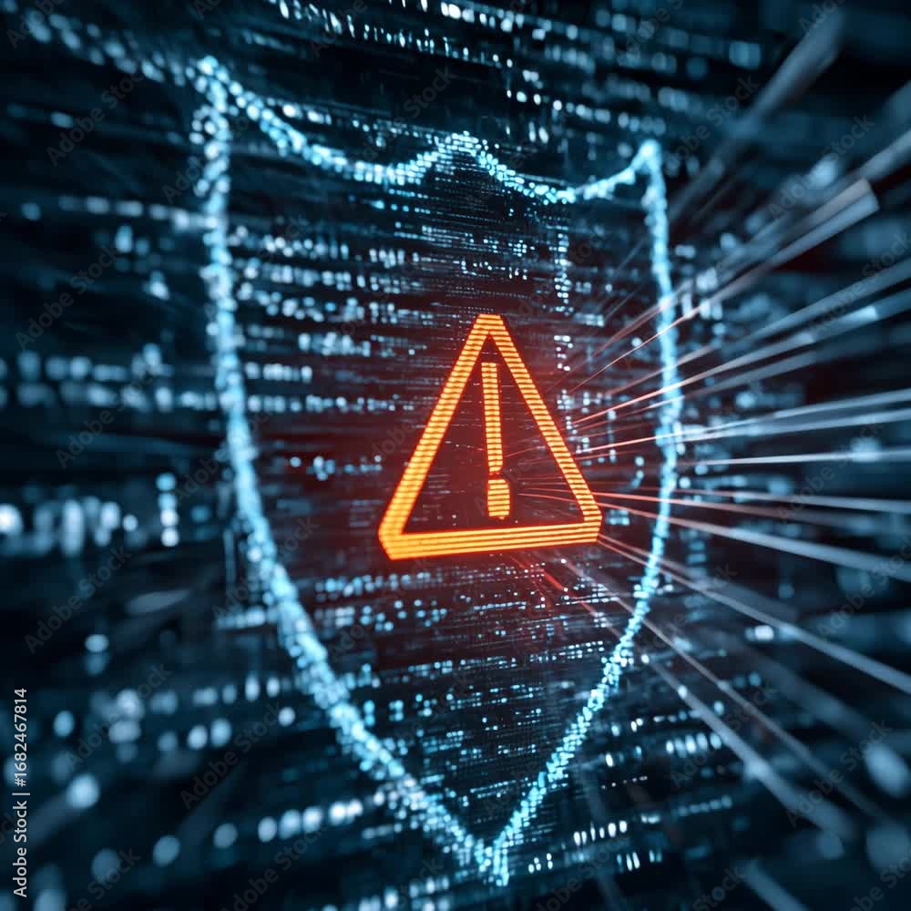 Poster glowing digital shield with warning sign protects against virus attack on computer code background