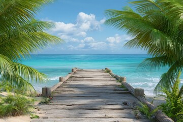 Obraz premium Wooden pier leading to a vibrant turquoise ocean framed by lush green palm trees
