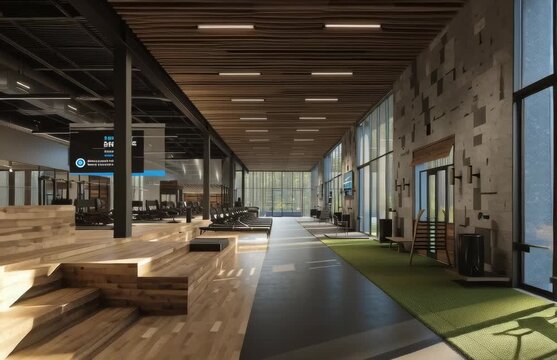 sports performance center concept for amputees and Paralympians, featuring carbon fiber prosthetics and stainless steel connections, modern interior design with dark wood and hints of mass timber, 
